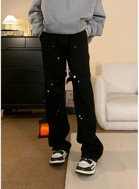 NECOYEP2025秋冬机能风绑带黑色微喇牛仔裤设计感潮显瘦休闲裤子