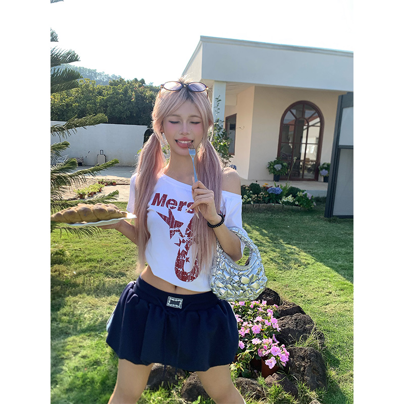 NECOYEP春夏美式字母印花斜肩短袖T恤女辣妹宽松休闲打底衫上衣