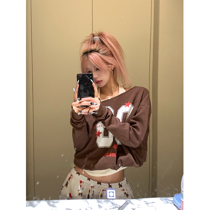 NECOYEP美式复古数字印花斜领长袖卫衣女辣妹露肩显瘦ins秋季上衣