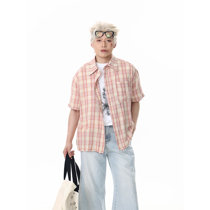 NECOYEP美式复古拼色格纹短袖衬衫男女夏日宽松休闲百搭防晒上衣