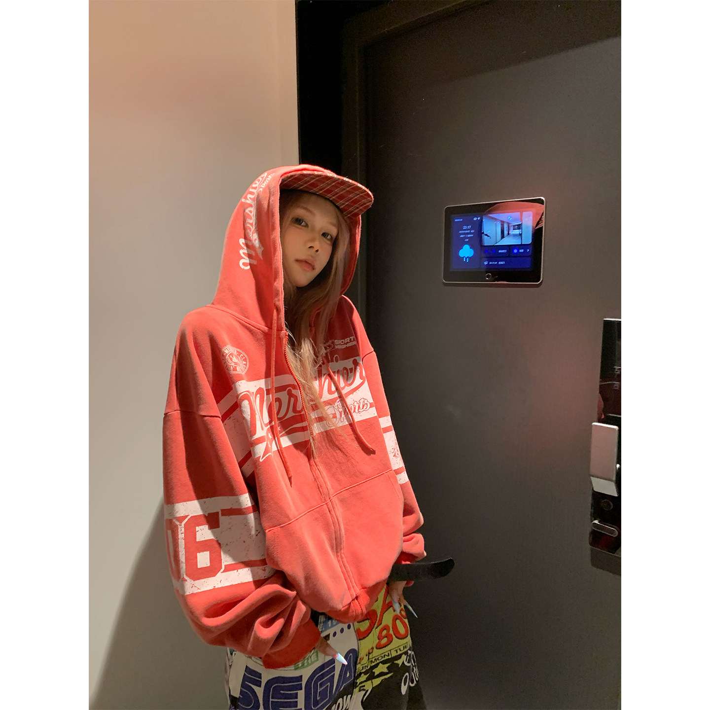 NECOYEP 美式复古字母印花连帽开衫卫衣男女春秋宽松百搭帽衫外套