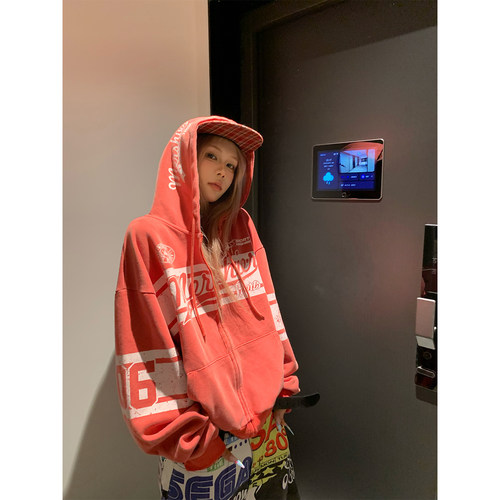 NECOYEP 美式复古字母印花连帽开衫卫衣男女春秋宽松百搭帽衫外套