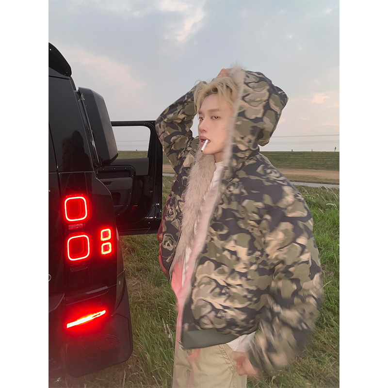 NECOYEP 2025秋冬美式大毛领毛绒迷彩连帽棉服男女冬季宽松棉衣潮