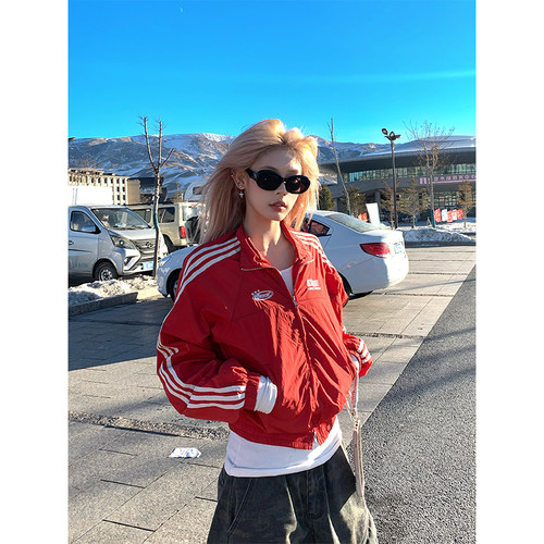 NECOYEP 美式复古三条杠翻领字母刺绣冲锋夹克男女宽松休闲外套