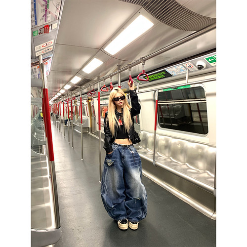 NECOYEP 美式高街水洗破洞弯刀牛仔裤男女宽松休闲百搭阔腿拖地裤