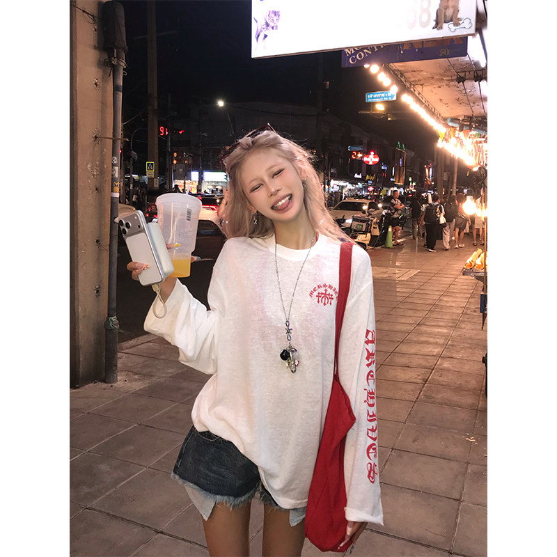 NECOYEP美式哥特字母印花薄款长袖T恤女辣妹休闲显瘦防晒罩衫上衣