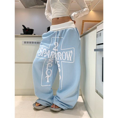 NECOYEP 美式字母十字印花翻腰设计感阔腿卫裤男女宽松休闲长裤