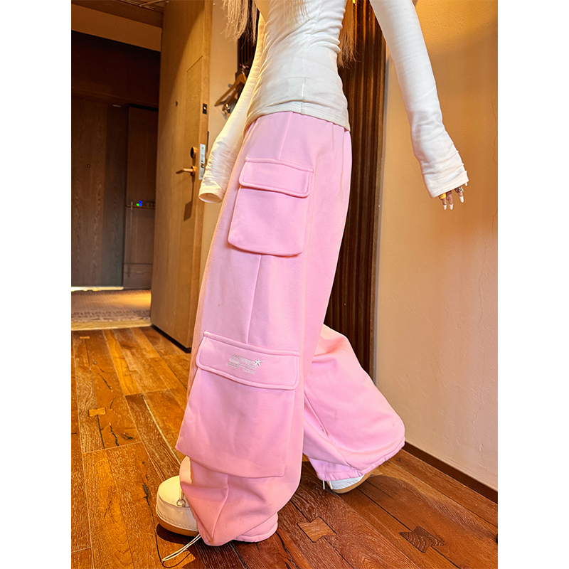 NECOYEP 美式多口袋抽绳松紧腰加绒休闲裤男女宽松阔腿街头长裤