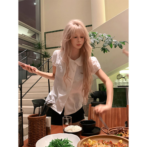 NECOYEP 美式设计感双排扣泡泡袖短袖衬衫女夏季休闲百搭减龄衬衣