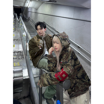 NECOYEP 美式数字印花迷彩连帽开衫卫衣男女秋季运动宽松休闲帽衫