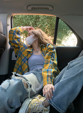 NECOYEP2025春秋美式复古格纹黄色衬衫长袖男女薄款防晒外套上衣