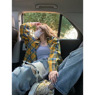 NECOYEP2025春秋美式复古格纹黄色衬衫长袖男女薄款防晒外套上衣