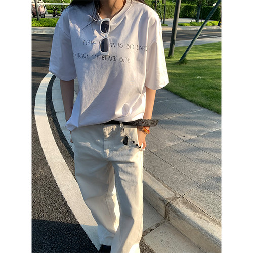NECOYEP美式复古字母印花短袖T恤男女夏季宽松休闲百搭圆领上衣