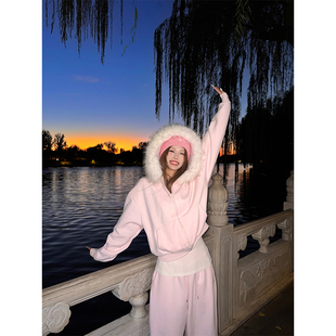 男女秋冬休闲外套 可拆卸毛领连帽慵懒加绒卫衣开衫 NECOYEP 美式