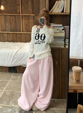 NECOYEP 美式简约基础款阔腿抽绳卫裤男女宽松休闲百搭拖地长裤