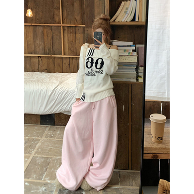 NECOYEP 美式简约基础款阔腿抽绳卫裤男女宽松休闲百搭拖地长裤