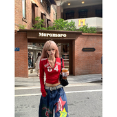 显瘦正肩打底衫 NECOYEP T恤女辣妹修身 复古数字印花V领长袖 美式