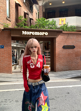 NECOYEP 美式复古数字印花V领长袖T恤女辣妹修身显瘦正肩打底衫