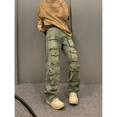 旧直筒休闲裤子男美式牛仔裤