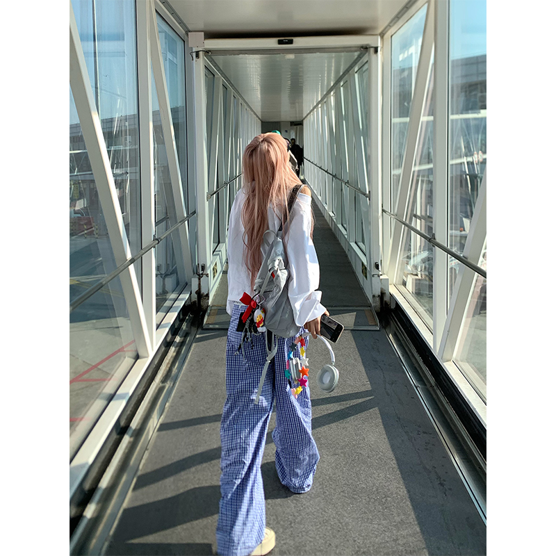 NECOYEP 美式复古格子抽绳直筒裤男女宽松休闲夏季慵懒百搭长裤