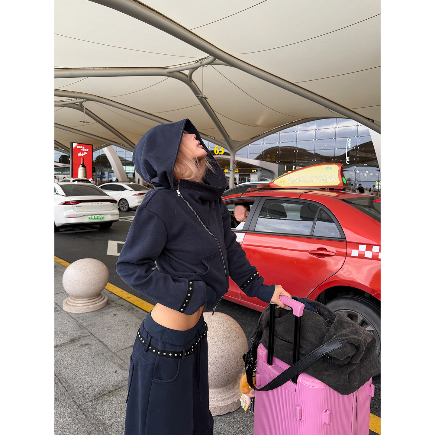 NECOYEP 美式慵懒风开衫卫衣套装男女春秋铆钉抽绳阔腿长裤两件套