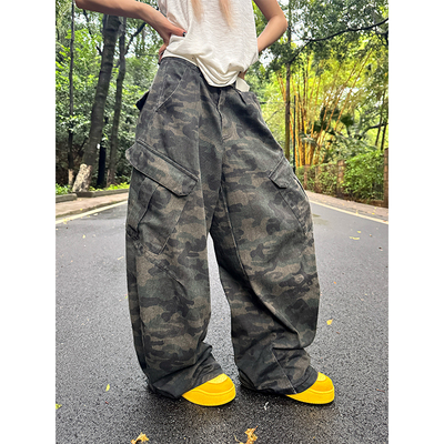 NECOYEP 美式复古高街多口袋迷彩阔腿裤男女宽松百搭潮流拖地长裤