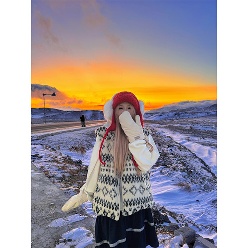 NECOYEP美式复古羊羔毛费尔岛花纹棉马甲男女叠穿保暖外套