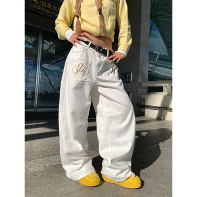 NECOYEP 美式复古字母翅膀刺绣直筒牛仔裤男女宽松休闲阔腿长裤潮