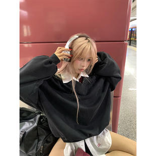 NECOYEP 2025春季美式复古V领字母刺绣卫衣高级感三条杠宽松上衣