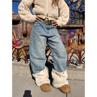 男女宽松长裤 设计感可拆卸摇粒绒腿套加绒弯刀牛仔裤 美式 NECOYEP