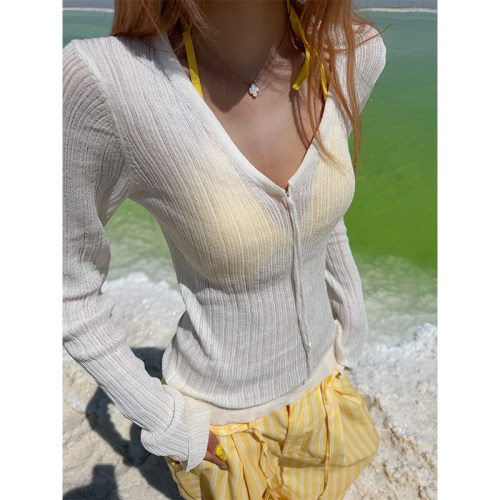 NECOYEP 美式慵懒风V领长袖绑带针织罩衫女辣妹春夏显瘦百搭上衣