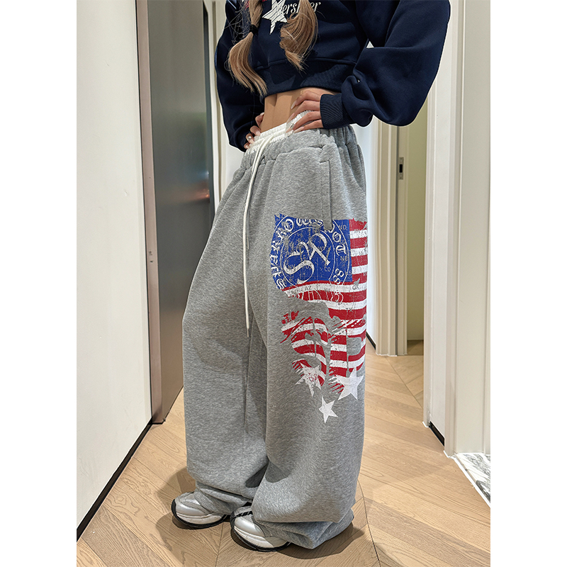 NECOYEP 美式设计感印花双腰头抽绳卫裤男女慵懒宽松百搭阔腿长裤