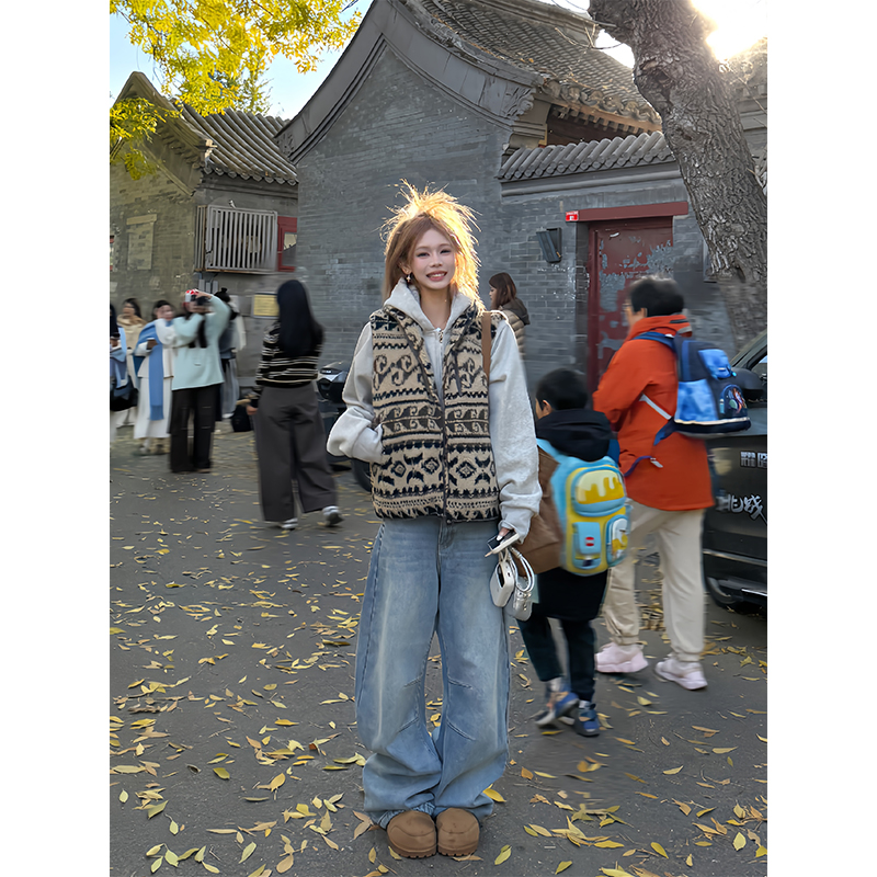 NECOYEP 美式设计感加绒弯刀牛仔裤男女宽松休闲百搭拖地直筒长裤