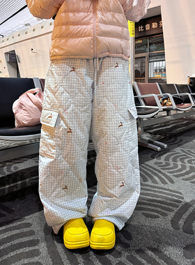 NECOYEP 美式拼色格子阔腿棉裤男女秋冬宽松百搭保暖直筒拖地长裤