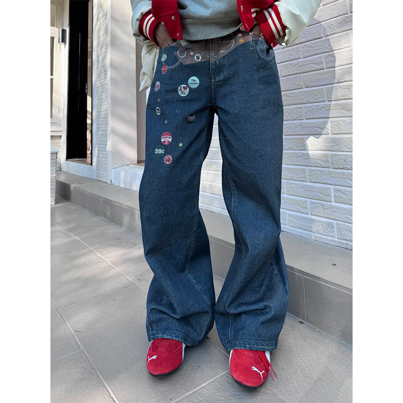 NECOYEP 2025美式趣味印花腰带牛仔裤男女宽松设计感阔腿直筒长裤