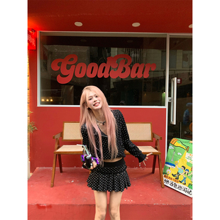 连帽卫衣女辣妹低腰显瘦百褶半身裙套装 波点满印开衫 美式 NECOYEP