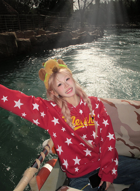 NECOYEP 美式复古星星满印连帽卫衣男女春秋宽松休闲百搭套头上衣