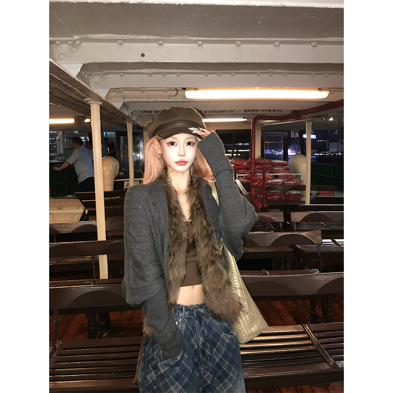 NECOYEP 美式慵懒松弛毛领开衫针织毛衣女秋季宽松休闲百搭外套