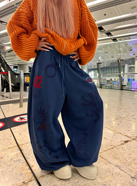 NECOYEP 美式复古字母刺绣手绘印花阔腿卫裤男女宽松休闲直筒长裤