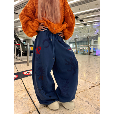 NECOYEP 美式复古字母刺绣手绘印花阔腿卫裤男女宽松休闲直筒长裤