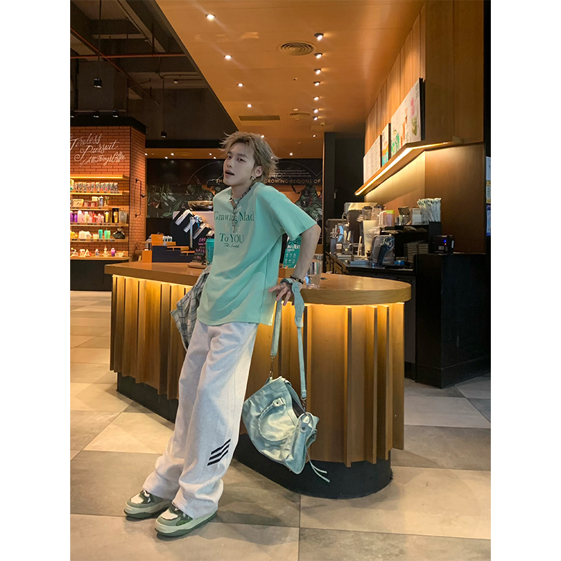 NECOYEP 2025美式复古三条杠抽绳运动卫裤情侣潮牌宽松直筒长裤子