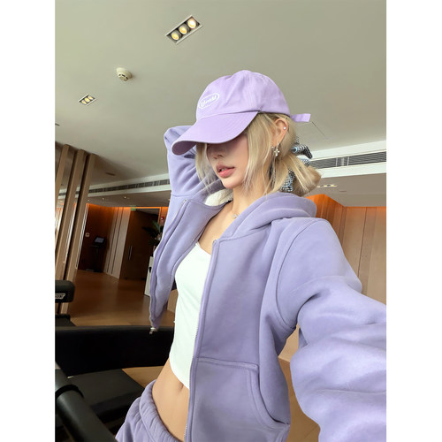 NECOYEP 美式字母刺绣加绒加厚连帽开衫卫衣女秋冬休闲百搭短外套