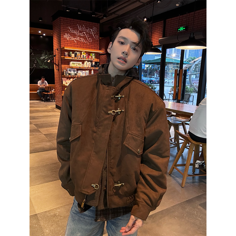 NECOYEP 美式复古飞机扣翻领夹克男女秋冬宽松休闲百搭潮流外套