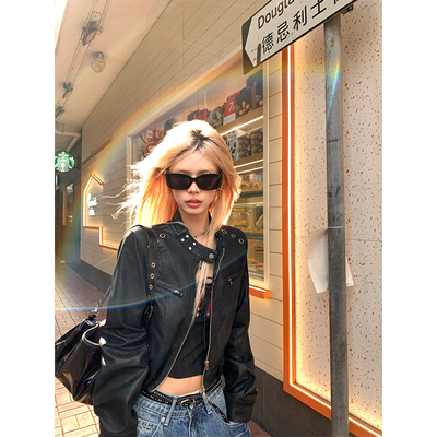 NECOYEP 美式复古解构立领短款皮衣夹克男女春夏百搭机车痞帅外套