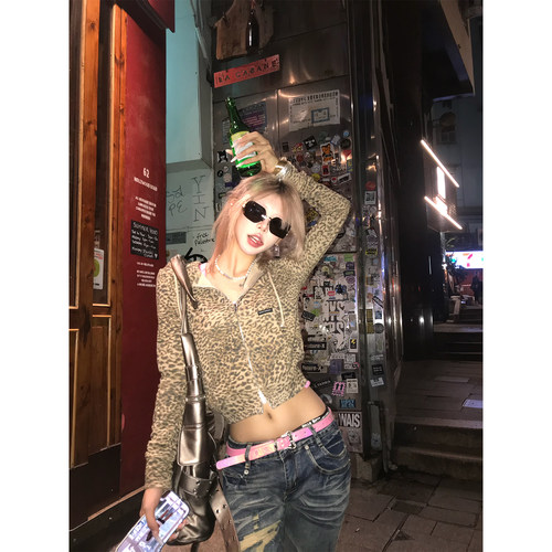 NECOYEP 美式街头设计感豹纹连帽开衫卫衣女辣妹显瘦百搭薄外套
