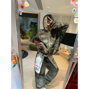 NECOYEP 美式数字印花迷彩连帽开衫卫衣男女秋季运动宽松休闲帽衫