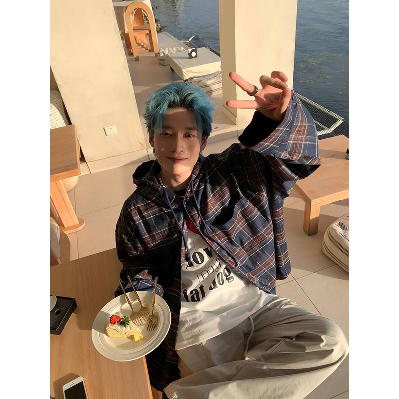 NECOYEP撞色连帽格纹衬衫