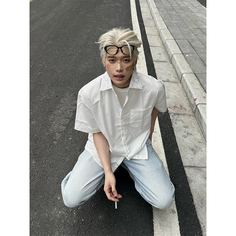 NECOYEP 美式复古刺绣花领短袖衬衫夏季男女宽松休闲高级感衬衣