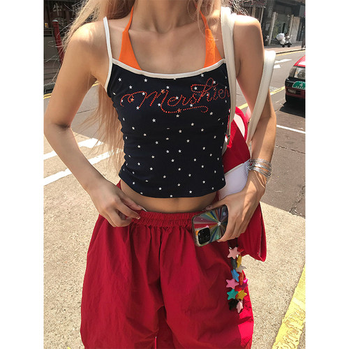 NECOYEP美式假两件字母烫钻星星满印辣妹吊带背心女夏修身短上衣