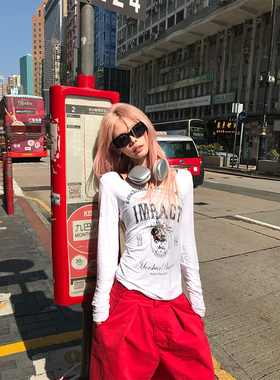 NECOYEP 美式字母印花U领长袖T恤女辣妹休闲显瘦百搭露肩打底衫